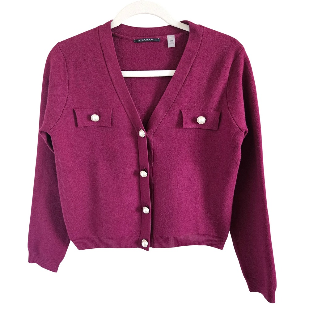 T Tahari Womens Berry Magenta Faux Pearl Button V-Neck Cardigan Sweater Size M